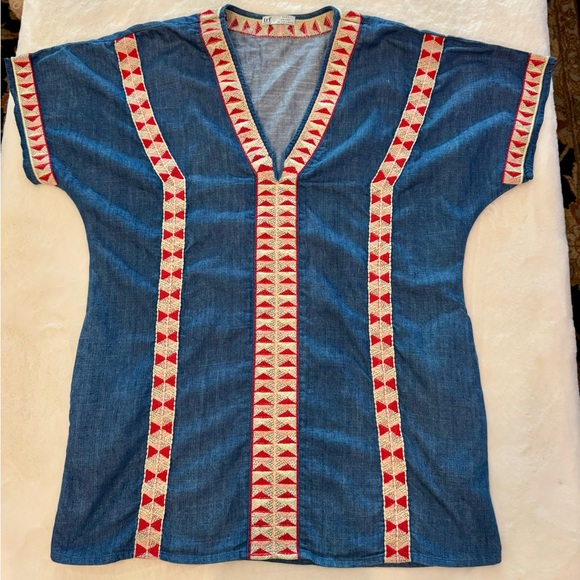 ZARA trf Collection Chambray w/Aztec Embroidered Trim Shirt Dress- oversized S - Picture 5 of 12